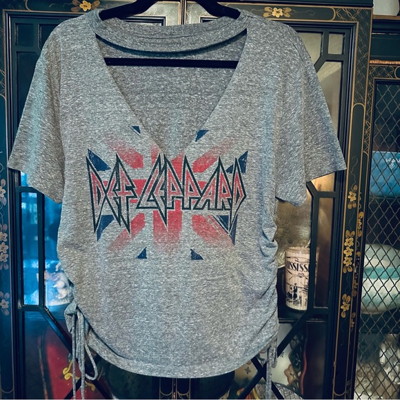 Band Custom T-Shirt Tops - Def Leopard Gray Graphic Print Shirt With Cut Out Band Neckline & Ties on Side